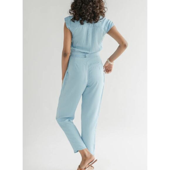 Reistor XSmall Blue Denim Evening Chai Jumpsuit Hidden Button Pockets Tencel - Picture 14 of 15